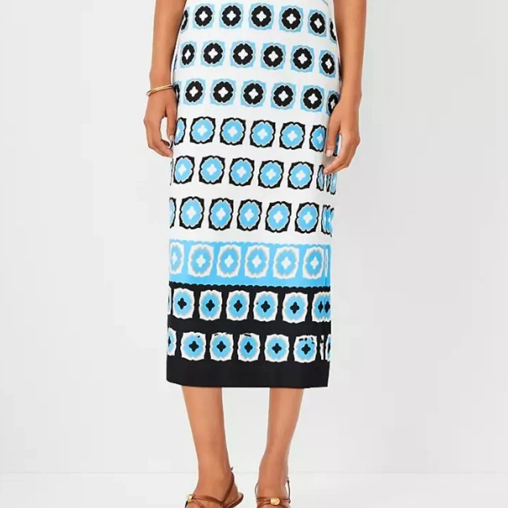 Ann Taylor Cerulean Blue Geometric Tile Print Midi Pencil Skirt Blk Wh Career 4P